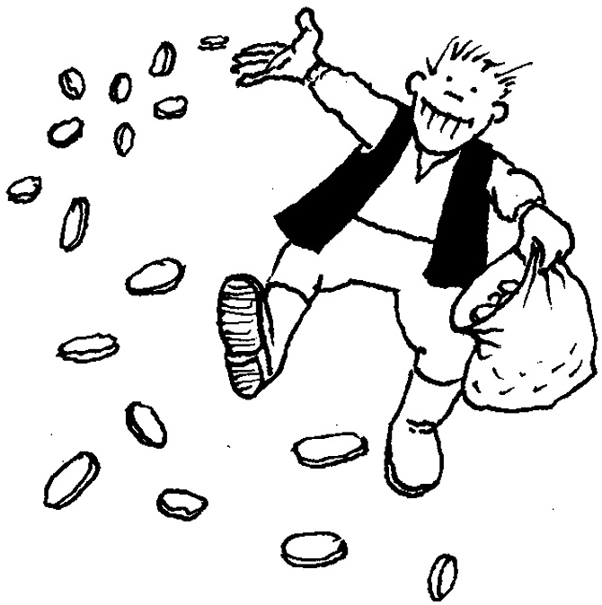 Svartvit teckning av en glad, hoppande person med spretigt hår och stora tänder. Personen bär en påse med mynt, som han sprider omkring sig.