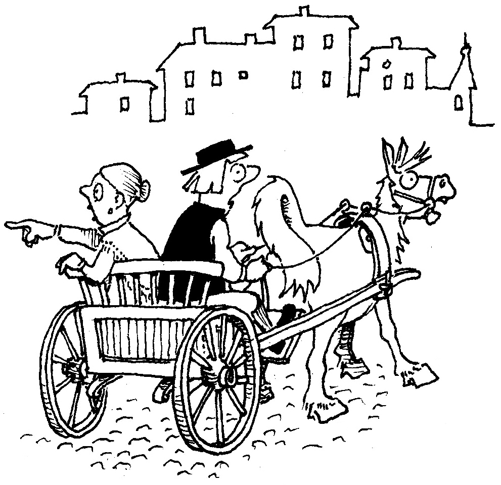 Svartvit teckning av en man och en kvinna i en hästkärra. Kvinnan pekar åt ett håll medan mannen som håller tyglarna kör åt andra hållet. En stadssilhuett i bakgrunden.
