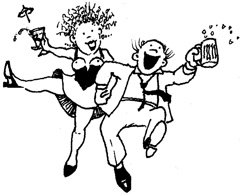 Svartvit teckning av en kvinna och man med glada miner som dansar arm i arm. Kvinnan har bara bröst och en cocktail i handen. Mannen har ett ölstop i handen.