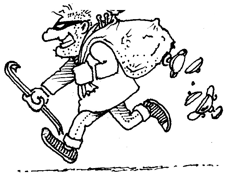 Svartvit teckning av en springande tjuv med kofot i ena handen och en söndrig säck slängd över axeln i den andra. Diverse värdeföremål faller ur säcken i farten.