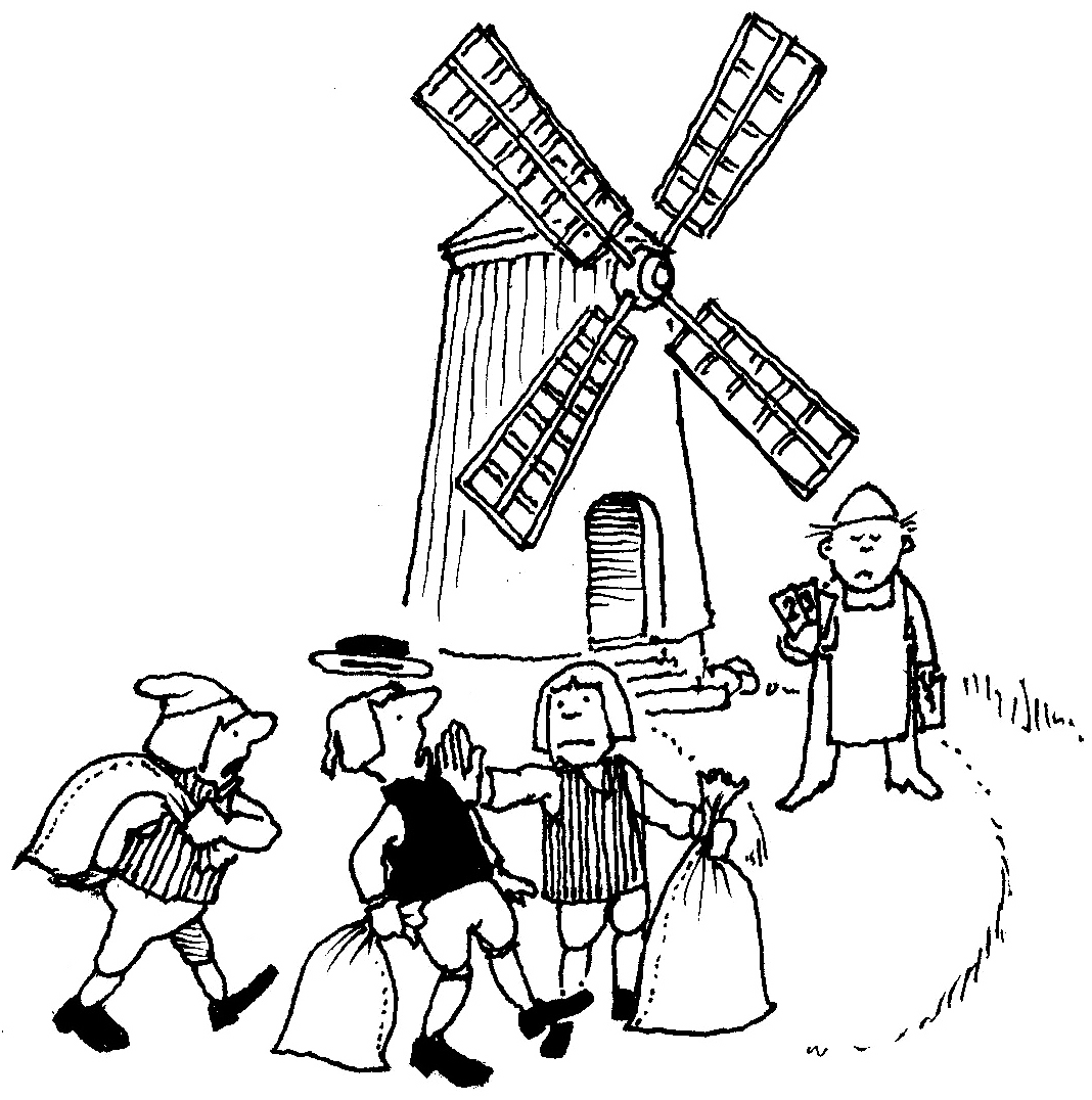 Svartvit teckning av en mjölnare och tre män med fyllda säckar framför en väderkvarn. En av männen håller upp en hand för att stoppa de två andra som försöker gå före i kön till mjölnaren.