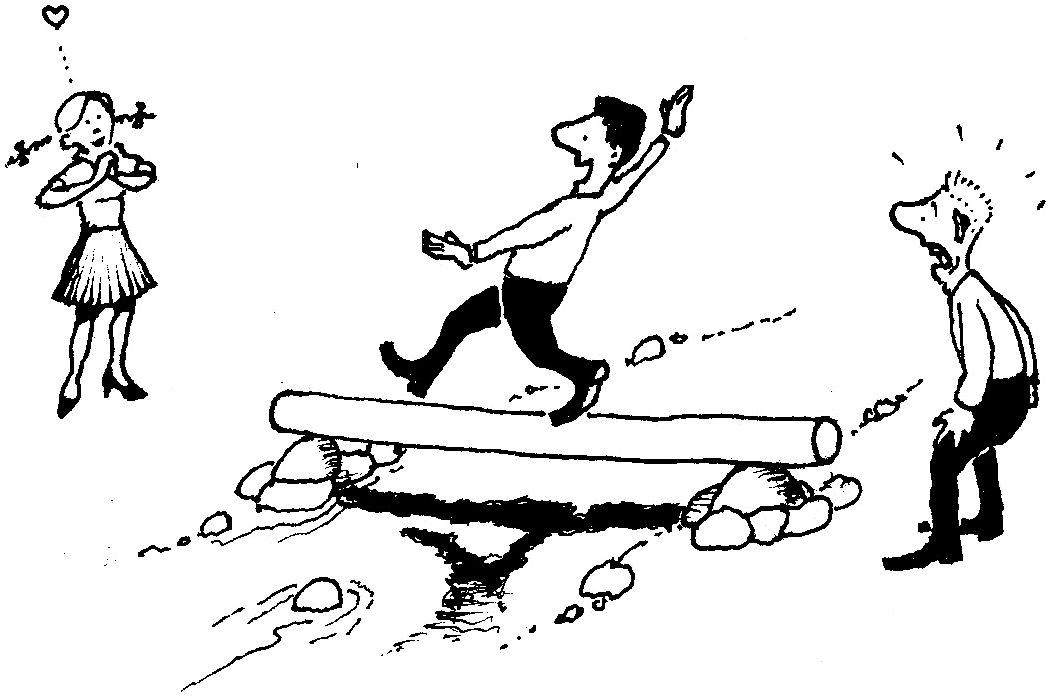 Svartvit teckning av en man som med utsträckta armar galant går över en stock som ligger över en bäck. Han möts av en förtjust kvinna, medan en annan man harmset står kvar på andra sidan.